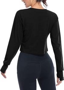 Tops d'entraînement à manches longues de couleur unie pour femmes Tops courts en tissu jersey avec trou pour le pouce Style Hip Hop pour femmes - Product Image 3