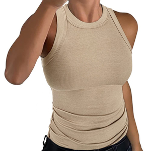 Camiseta sin mangas para mujer, estilo racerback, cuello alto, personalizada, acanalada, ajustada, tipo chaleco de verano, corte slim, deportiva, lisa, gris, camiseta sin mangas acanalada para mujer - Product Image 3