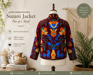 Bird Embroidery Bomber Jacket Handmade <b>Needlework</b> Women Rust Velvet Party Wear Masterpiece Cotton Lining Side Pockets Coat - Product Image 2