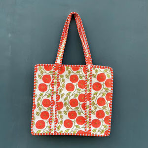 Bolsa de Compras Ligera de Algodón Floral Ecológica, Bolsa de Mano Acolchada con Estampado Artesanal, con Práctico Bolsillo Interior - Product Image 1
