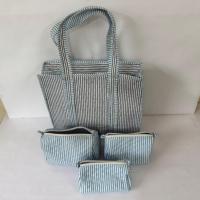 Set Tas Kosmetik Wanita Motif Garis Quilted Bahan Katun Lembut Tahan Air, Tas Travel Organizer Kosmetik, Set Tas Ramah Lingkungan