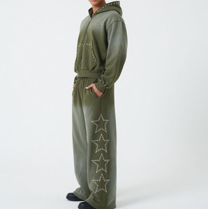 Survêtement de jogging vintage OEM personnalisé, délavé à l'acide, avec strass, coupe ample évasée et fermeture éclair - Product Image 5