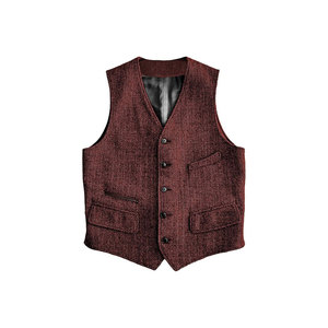 Gilet en laine mélangée à chevrons bordeaux pour homme, col en V, simple boutonnage, avec fermeture boutonnée, idéal pour costumes et tenues d'automne - Product Image 1