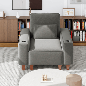 Poltrona Singola Moderna e Accogliente in Ciniglia con Seduta Profonda, Portabicchieri in Acciaio Inox Spazzolato, Cuscino Decorativo, Sedia d'Accento per Soggiorno - Product Image 2