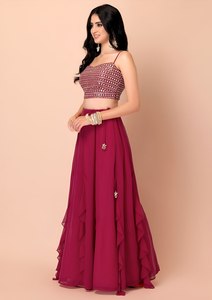 Conjunto de Lehenga Choli de Gasa Georgette Rosa Sólido con Falda con Volantes y Dupatta, Traje Nupcial Bordado para Fiesta - Product Image 2