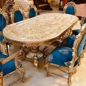 Juego de Comedor de Alta Gama en Oro Champán, Tapizado en Azul de Lujo, Madera de Teca Tallada Antigua, Muebles de Palacio Real Premium - Product Image 2