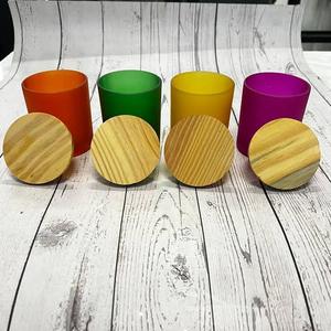 Frosted <b>Red</b> Glass Votive Holder <b>Candle</b> Jar with Wooden Lid Handmade Round Cylinder Home Decoration Heat Resistant - Product Image 2