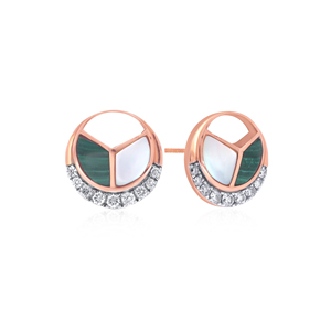 Pendientes de Diamantes Cultivados en Laboratorio con Diseño Redondo de Lujo en Oro Rosa de 14K con Malaquita y Madreperla - Product Image 2