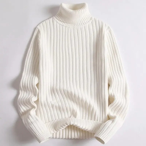 Suéter de Cuello Alto para Hombre, Blanco, de Punto Acanalado, Manga Larga, Color Sólido, Estilo Invernal, 100% Acrílico, Corte Regular - Product Image 1