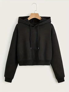 Sudadera con capucha corta gris para mujer, de manga larga, informal, de color liso, de punto, para otoño - Product Image 3