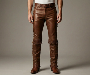 FAZMAX CORPORATION Pantalon Western Homme Marron Style Vintage Taille Haute Coupe Droite avec Poches et Braguette Boutonnée 100% Cuir de Vachette - Product Image 1