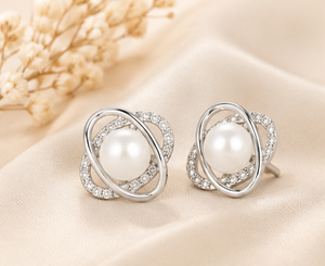 Pendientes de Perlas y Circonitas Cúbicas con Baño de Rodio Eternal Orbit, Plata de Ley 925, Joyería Fina y Elegante para Mujer - Product Image 3