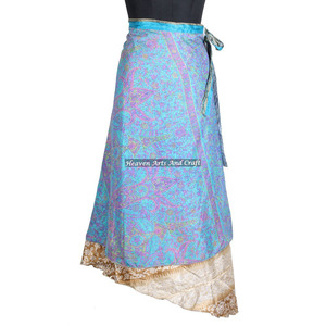 New Indian Silk <b>Wrap</b> <b>Skirt</b> Women Wear Vintage Silk Sari Long Length <b>Wrap</b> <b>Around</b> <b>Skirt</b> 2 Layer Reversible Length Cover up Wear - Product Image 4