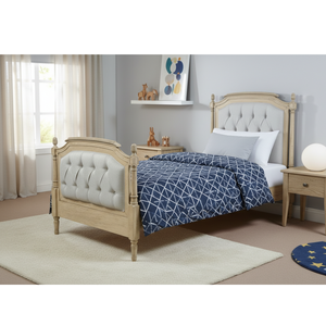 Lit double pour enfants de haute qualité, en bois massif, avec tête de lit capitonnée, couleur naturelle, style moderne classique, pour enfants - Product Image 3