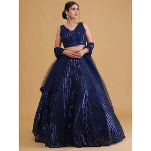 Lehenga Choli Azul Marino con Lentejuelas y Tela de Red para Recepciones, con Dupatta para Bodas - Product Image 3