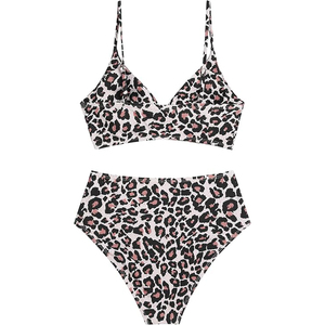 Women Leopard Print <b>Bikini</b> <b>Set</b> Crossed Halter Top High Waist Bottom Two Piece Swimwear Stretch Fabric - Product Image 5