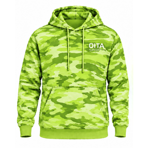 Sweat à capuche camouflage vert lime pour homme, imprimé camouflage personnalisé, poche kangourou, cordon de serrage, style décontracté, streetwear athlétique - Product Image 1