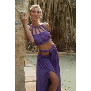 Handmade Casual Women's Two Piece Set Criss-Cross Halter <b>Top</b> Full Length Skirt Solid <b>Purple</b> Breathable Eco-Friendly Quick-Dry - Product Image 3