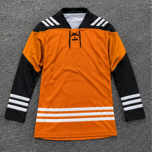 เสื้อฮอกกี้น้ำแข็งสีส้มดำแบบยูนิเซ็กซ์ แขนยาว คอวี ระบายเหงื่อได้ดี พิมพ์ลายแบบซับลิเมชั่น ทรงปกติ สำหรับผู้ใหญ่ ผลิตจากผ้า 100% - Product Image 1