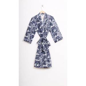 Best Selling Kantha Work Indian Handmade Summer/Spring V-neck Drawstring Closure Cotton Floral Short Kimono Robe Beachwear - Product Image 5