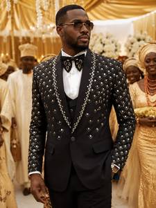 Men's Black Embroidered <b>Wedding</b> Tuxedo Suit 3 Piece <b>Shawl</b> Lapel Groom Suit with Embroidered Bow Tie Custom OEM ODM Manufacturer - Product Image 1