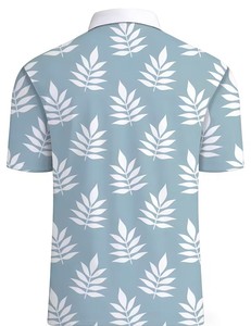 Men's Light Blue White Leaf Print Short Sleeve Polo Shirt Casual Breathable Cotton Oxford Fabric Digital Printed Regular Fit - Product Image 5