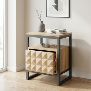 Dice <b>Side</b> Table Modern Industrial Solid Wood Nightstand With 3D Geometric Carved Drawers And <b>Black</b> Metal Frame Bedside Furniture - Product Image 2