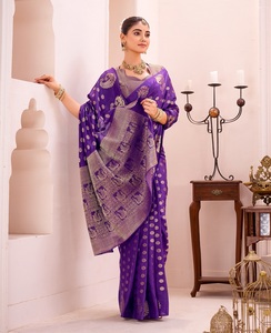 Sari indien traditionnel ethnique à broderies Zari pour les occasions de mariage et les événements festifs, tenue élégante et tendance pour femmes - Product Image 1