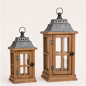 Wooden <b>Lantern</b> <b>Set</b> of 2 Vintage Decorative Candle Holder with Distressed Metal Top for Indoor Outdoor Home Decor Lighting - Product Image 1