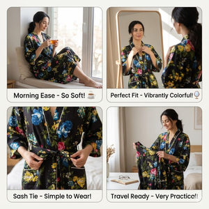 ชุดกิโมโนยาวลายดอกไม้สีดำที่เป็นมิตรต่อสิ่งแวดล้อม |   ชุดคลุมอาบน้ำผ้าฝ้ายทำมือพร้อมกระเป๋า |   ชุดเดรสคอวีแขนยาวสำหรับใส่พักผ่อน - Product Image 6