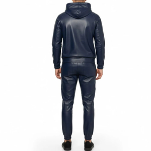 Ensemble Coordonné de Luxe en Cuir Véritable pour Homme : Veste Streetwear et Pantalon Jogger, Survêtement Tendance Doublé Polaire Coupe-Vent à Capuche - Product Image 2