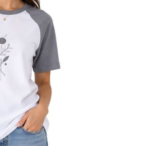 <b>Women</b> <b>White</b> and Gray Raglan T <b>Shirt</b> Minimal Botanical Geometric Graphic Print Crew Neck <b>Short</b> <b>Sleeve</b> Cotton Casual Tee OEM ODM - Product Image 4