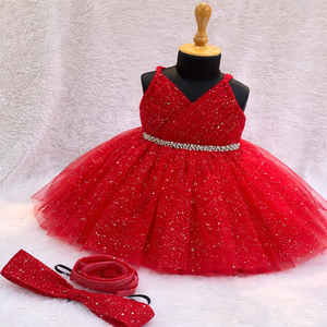 Sparkling <b>Red</b> <b>Sequined</b> Baby Girl Party Frock | Luxury Glitter Tulle Tutu Dress for Toddlers | Elegant Birthday Princess Gown - Product Image 1