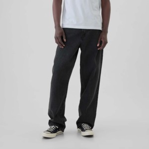 Jean en denim noir pour homme, coupe droite, taille mi-haute, ample, en coton, décontracté, respirant, style urbain, délavage classique, couleur unie, idéal pour l'hiver - Product Image 2