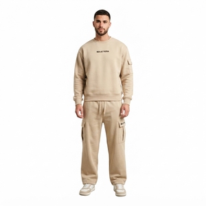 Ensemble de survêtement décontracté pour homme, sweat-shirt à col rond beige et pantalon cargo assorti, deux pièces, streetwear - Product Image 1