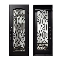 Porte d'entrée en fer forgé de luxe royal, résistante à la rouille, à montage facile, avec panneau en verre cintrée et motif complexe