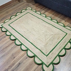 Rectangular Jute Area Rug Green Scalloped Border Handmade Natural Woven Boho Farmhouse Living Room Bedroom Floor Carpet - Product Image 1