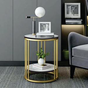 Mesa Auxiliar Moderna de Metal, Pequeña, de 2 Niveles, Redonda, con Superficie Blanca y Acabado Dorado, para Sala de Estar, Dormitorio, Balcón - Product Image 5