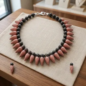 Conjunto de Collar de Ágata Jaspe Marrón Pulido con Puntas y Pendientes a Juego, Joyería de Estilo Antiguo con Decoración de Cuentas Marrones y Negras - Product Image 3
