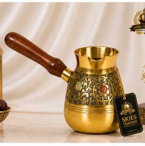 Handmade Embossed Gold <b>Turkish</b> Coffee <b>Pot</b> Cezve With Wooden Handle - Product Image 5