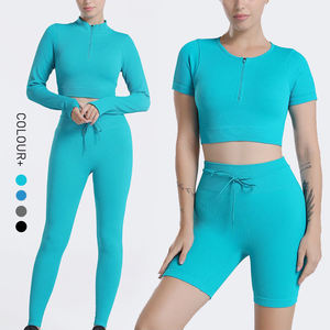 Ensemble de vêtements de sport respirants pour hommes, haut court, soutien-gorge de sport, shorts, leggings, manches longues, tenue de sport assortie pour la salle de sport, le yoga, la remise en forme, l'entraînement - Product Image 3
