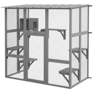 Casetta per Gatti in Legno Grigio con Ponti e Piattaforme, Recinto Esterno per Gatti da Finestra, Gabbia per Animali Domestici - Product Image 1