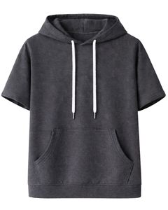Sweat à capuche gris anthracite à manches courtes pour homme, pull décontracté, t-shirt à capuche léger, streetwear d'été, mélange de coton, poche kangourou - Product Image 1