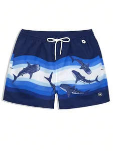 Short de plage pour hommes avec imprimé requin baleine bleue, taille à cordon de serrage et poches latérales, maillot de bain à séchage rapide - Product Image 1