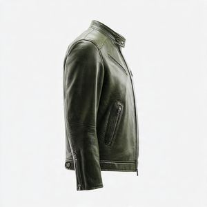 Veste en cuir vert olive de haute qualité pour usage décontracté. Style audacieux avec des vêtements cargo et des baskets - Product Image 3
