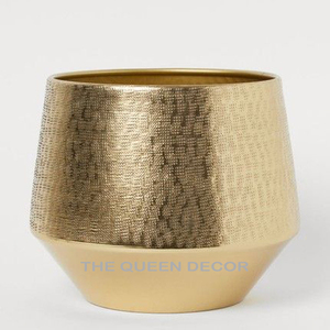 Golden Finished Round Aluminum Metal Accessory Fully <b>Hammered</b> Textured Brush Holder with Openwork Design for Bathrooms - Product Image 6