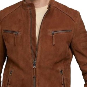 Chaqueta de Motociclista de Gamuza Marrón para Hombre, Corte Entallado, Cuello Camisero, Manga Regular, Cierre con Cinturón, para Otoño - Product Image 4