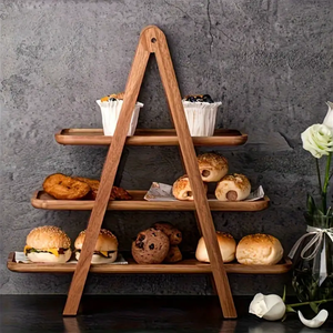 Plateau de service en bois d'acacia durable à un seul niveau, finition polie, empilable, moderne, pour rangement et présentation de vaisselle de salon - Product Image 5