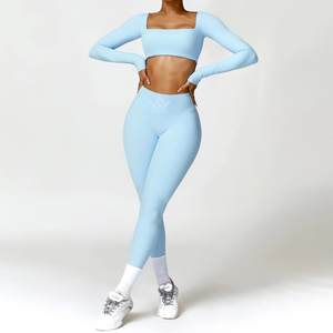 Conjunto de Yoga de 2 Piezas para Mujer, Top Corto de Manga Larga sin Costuras, Leggings de Cintura Alta y Largo Completo, Transpirable, Elástico, para Gimnasio, Fitness, Actividades Deportivas - Product Image 6