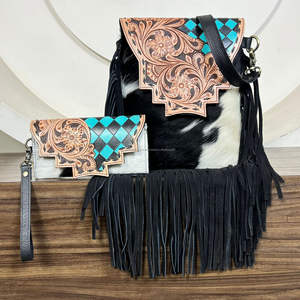 Sac bandoulière en cuir de vachette façonné à la main avec franges, orné de diamants turquoise et d'un portefeuille assorti, style bohème artisanal - Product Image 4